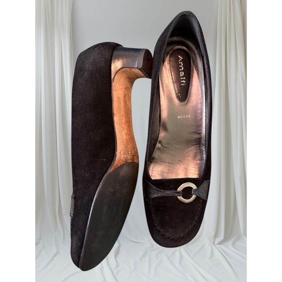 Vtg Amalfi Made in Italy Black Suede Leather Heels w/ Silver Ring Accent 9.5B - Picture 2 of 6